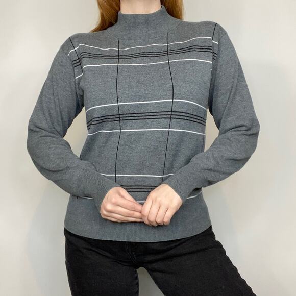 Vintage Y2K Dressbarn Large Gray & White Plaid Stripe Mockneck Sweater - Picture 7 of 11